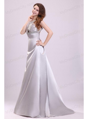 A-line Gray Straps Beading and Ruching Brush Train  Prom Dress