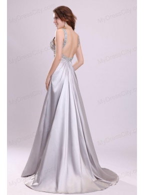 A-line Gray Straps Beading and Ruching Brush Train  Prom Dress