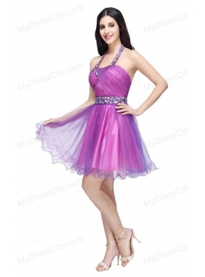 A-line Halter Top Beading and Ruching Knee-length Purple Prom Dress