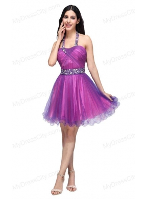 A-line Halter Top Beading and Ruching Knee-length Purple Prom Dress