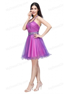 A-line Halter Top Beading and Ruching Knee-length Purple Prom Dress