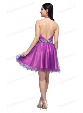 A-line Halter Top Beading and Ruching Knee-length Purple Prom Dress