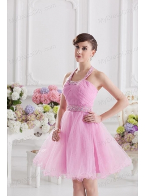 A-line Halter Top Pink Prom Dress with Ruching and Beading