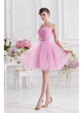 A-line Halter Top Pink Prom Dress with Ruching and Beading