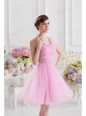 A-line Halter Top Pink Prom Dress with Ruching and Beading