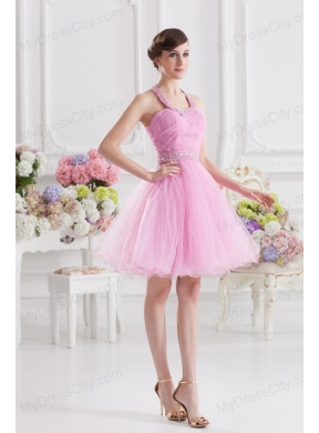 A-line Halter Top Pink Prom Dress with Ruching and Beading