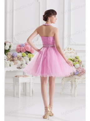 A-line Halter Top Pink Prom Dress with Ruching and Beading