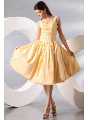 A-line Light Yellow V-neck Knee-length Ruching Prom Dress