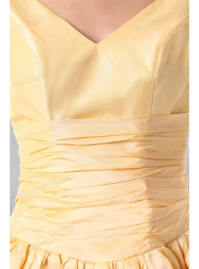 A-line Light Yellow V-neck Knee-length Ruching Prom Dress