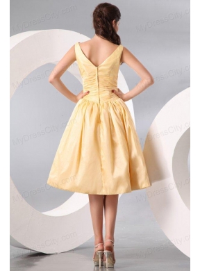 A-line Light Yellow V-neck Knee-length Ruching Prom Dress