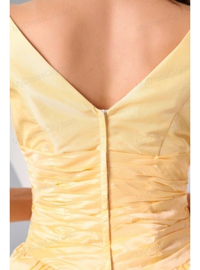 A-line Light Yellow V-neck Knee-length Ruching Prom Dress