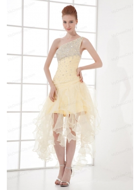 A-line One Shoulder High-low Ruchings Beading Organza Light Yellow Prom Dress