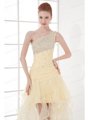 A-line One Shoulder High-low Ruchings Beading Organza Light Yellow Prom Dress