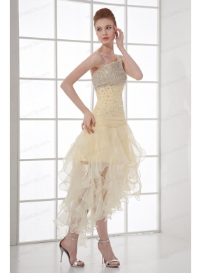 A-line One Shoulder High-low Ruchings Beading Organza Light Yellow Prom Dress