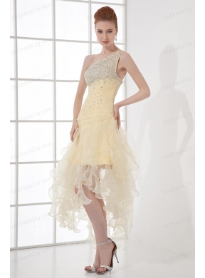 A-line One Shoulder High-low Ruchings Beading Organza Light Yellow Prom Dress