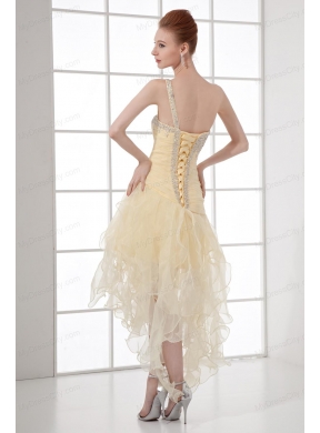 A-line One Shoulder High-low Ruchings Beading Organza Light Yellow Prom Dress