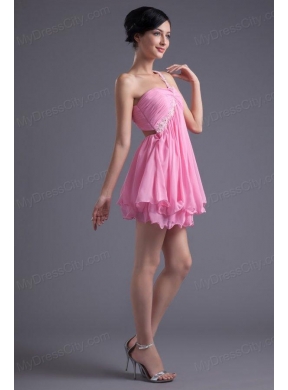 A-line One Shoulder Mini-length Pink Chiffon Ruching Prom Dress with Criss Cross