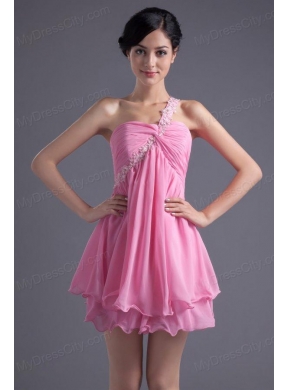 A-line One Shoulder Mini-length Pink Chiffon Ruching Prom Dress with Criss Cross