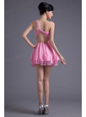 A-line One Shoulder Mini-length Pink Chiffon Ruching Prom Dress with Criss Cross