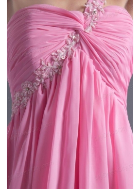 A-line One Shoulder Mini-length Pink Chiffon Ruching Prom Dress with Criss Cross