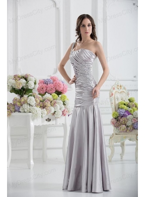 A-line One Shoulder Satin Beading and Ruching Prom Dress in Sliver