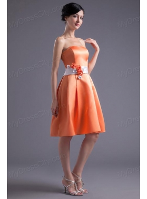 A-line Orange Red Strapless Sash Knee-length Satin Prom Dress