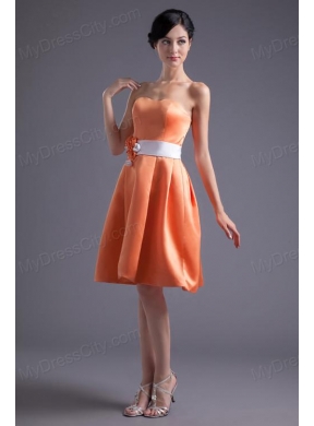 A-line Orange Red Strapless Sash Knee-length Satin Prom Dress