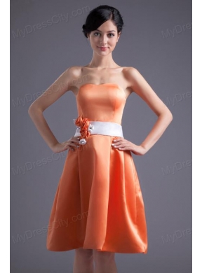 A-line Orange Red Strapless Sash Knee-length Satin Prom Dress