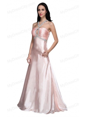 A-line V-neck Beading Side Zipper Long Prom Dress in Baby Pink