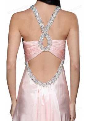 A-line V-neck Beading Side Zipper Long Prom Dress in Baby Pink