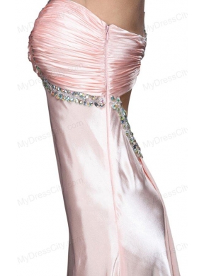 A-line V-neck Beading Side Zipper Long Prom Dress in Baby Pink