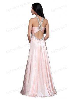 A-line V-neck Beading Side Zipper Long Prom Dress in Baby Pink