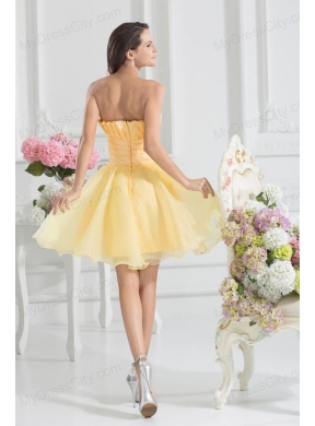 A-line Yellow Strapless Hand Made Flower Organza Prom Dress