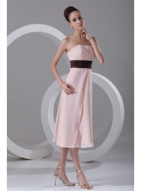 Affordable Empire Strapless Tea-length Chiffon Pink Belt Prom Dress