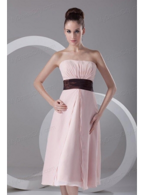 Affordable Empire Strapless Tea-length Chiffon Pink Belt Prom Dress