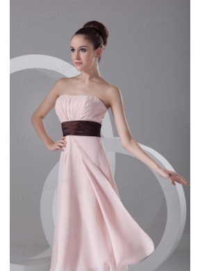 Affordable Empire Strapless Tea-length Chiffon Pink Belt Prom Dress