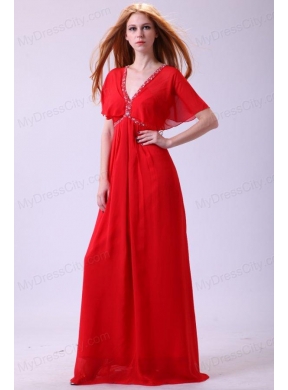 Affordable Empire V-neck Beading Chiffon Short Sleeves Prom Dress in Red