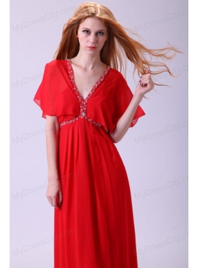 Affordable Empire V-neck Beading Chiffon Short Sleeves Prom Dress in Red