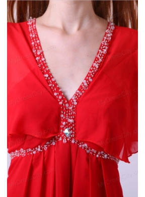 Affordable Empire V-neck Beading Chiffon Short Sleeves Prom Dress in Red