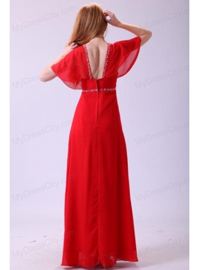 Affordable Empire V-neck Beading Chiffon Short Sleeves Prom Dress in Red