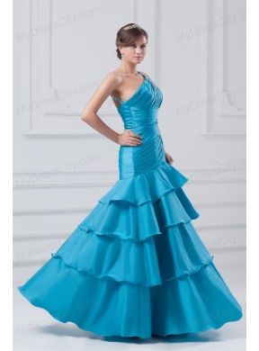 Affordable One Shoulder Taffeta Beading and Ruching Blue Prom Dress