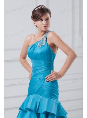 Affordable One Shoulder Taffeta Beading and Ruching Blue Prom Dress