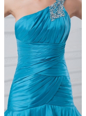 Affordable One Shoulder Taffeta Beading and Ruching Blue Prom Dress