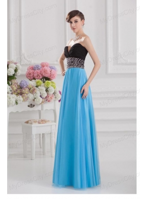 Aqua Blue and Black Empire Sweetheart Tulle Prom Dress with Beading
