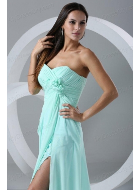 Aqua Blue High Slit Sexy Prom Dress with Flowers and Ruching