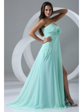 Aqua Blue High Slit Sexy Prom Dress with Flowers and Ruching