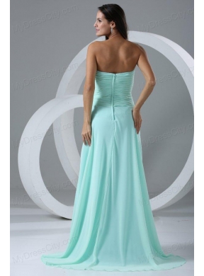 Aqua Blue High Slit Sexy Prom Dress with Flowers and Ruching