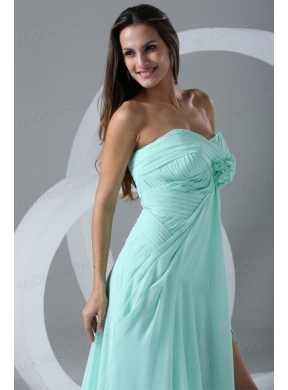 Aqua Blue High Slit Sexy Prom Dress with Flowers and Ruching