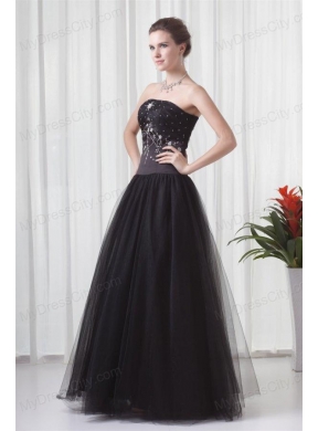 Black A-line Strapless Tulle Beading Floor-length Prom Dress