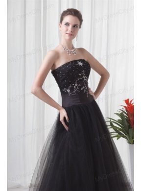 Black A-line Strapless Tulle Beading Floor-length Prom Dress